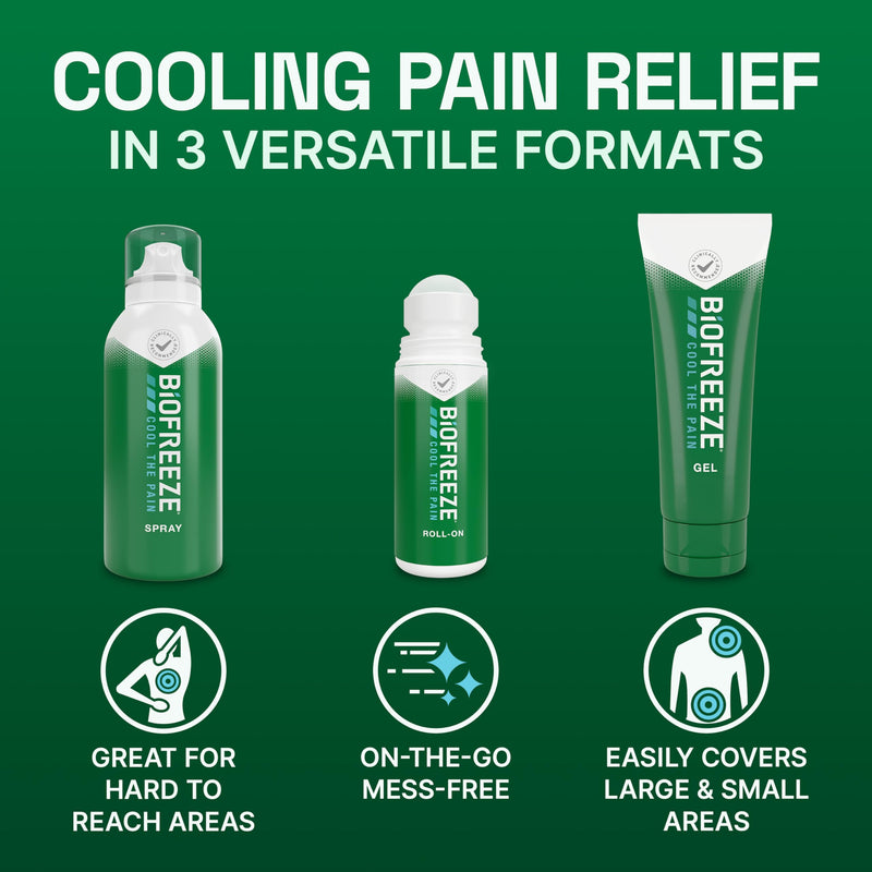 Biofreeze Spray, Gel, & Roll-On Pain Relief Variety Pack, Muscle Pain Relief, Arthritis Pain Reliver, Neck Pain Relief, Cooling Menthol Joint Pain Relief, 3 Fl Oz Spray, 3 Fl Oz Gel, 2.5 Fl Oz Roll On