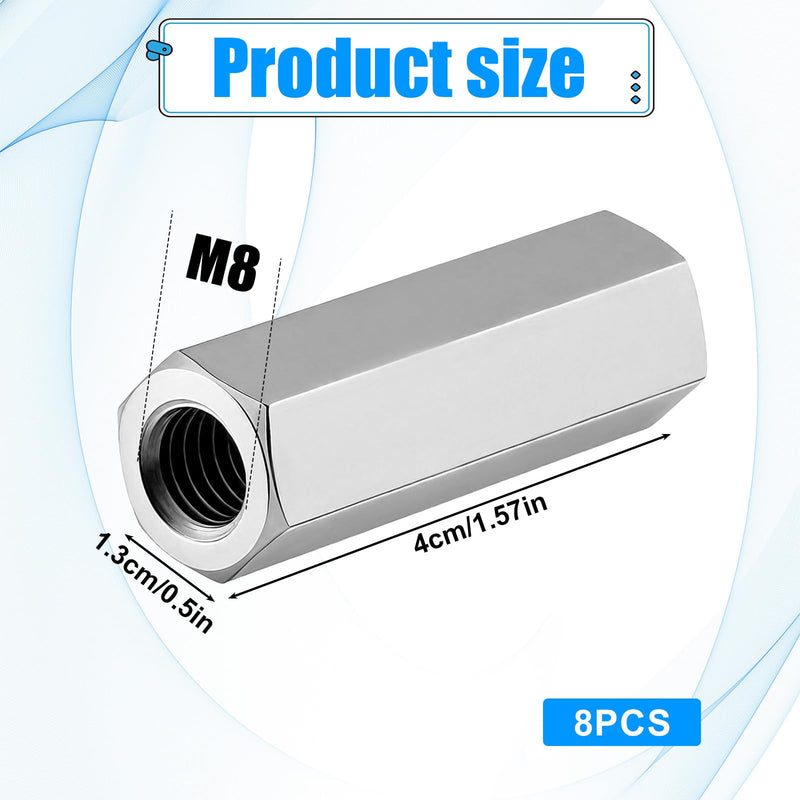 [Australia - AusPower] - 6 Packs M8 X 1.25 Pitch 40 mm Length Metric Hex Coupling Nut, Threaded Hex Coupling Nut, Rod Coupling Nuts, 304 Stainless Steel 
