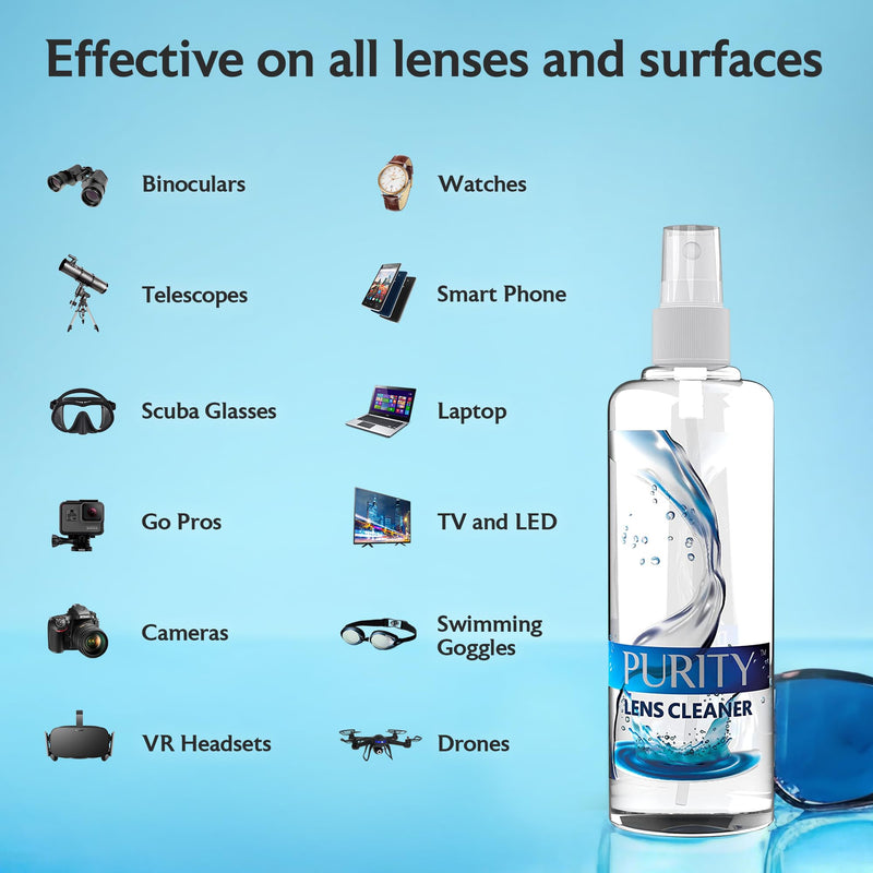 [Australia - AusPower] - Purity Eyeglass Lens Cleaner Kit - 2 x 8oz and 1 x 2oz Lens Cleaner Spray Bottle + 2 Microfiber Cleaning Cloths - Safe for All Lenses (AR Coated Included), Eyeglasses and Screens - Clear 8oz x 2oz Lens Spray + 2 Microfiber Cloth 