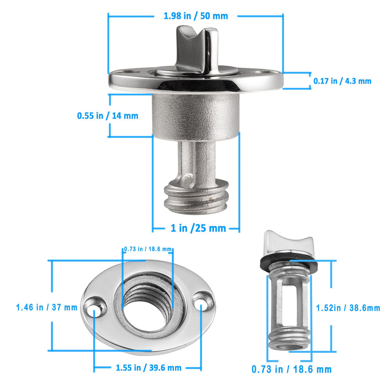 2 Pcs Oval Garboard Drain Plug,316 Stainless Steel Marine Drain Plug Kit Fits 1" Hole,with Waterproof O Seal Ring,Boat Transoms Garboard Drain Plug