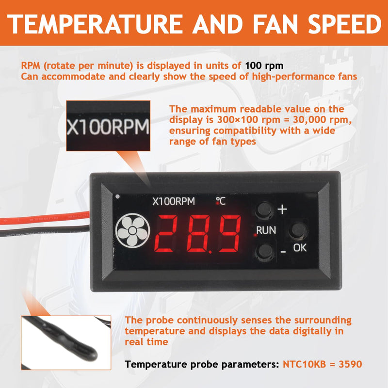 [Australia - AusPower] - 4-Wire PWM Fan Temperature Controller 12V 3A Fan Speed Controller with Temperature Probe Digital Display Module Dual-Display Fan Governor(Water Droplet Head) Water Droplet Head（for Air） 