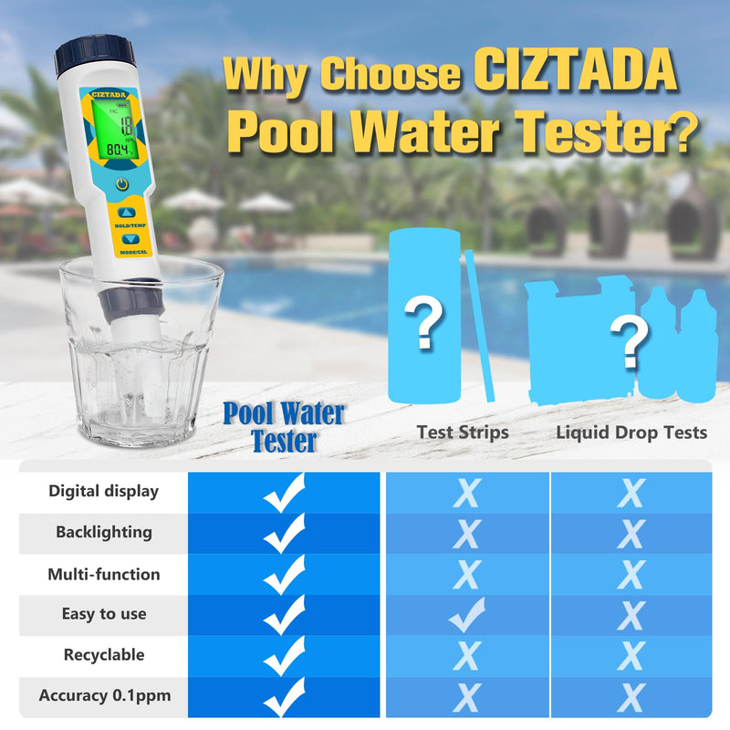 [Australia - AusPower] - Saltwater Pool Tester Free Chlorine Meter pH and Salinity Tester 7 in 1 Free Chlorine pH Salt ORP TDS EC Temp Meter Digital Pool Water Tester pH and Free Chlorine Meter for Pool Hot Tub Spa 7 in 1 Free Chlorine pH Salt ORP TDS EC Tester 