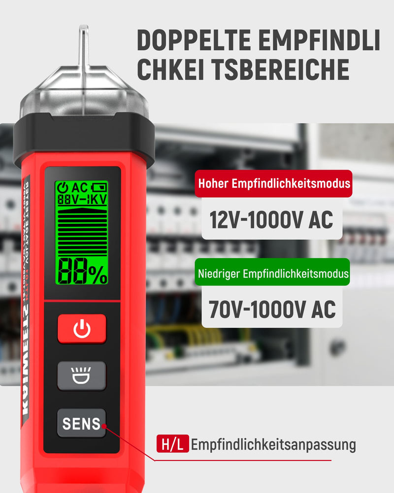 KAIWEETS Non-Contact NCV Voltage Tester, Dual Range Phase Tester 12V/70-1000V AC, LCD Bar & Percentage Display, Buzzer, Conductor/Neutral Conductor Detection, CAT IV 1000V red