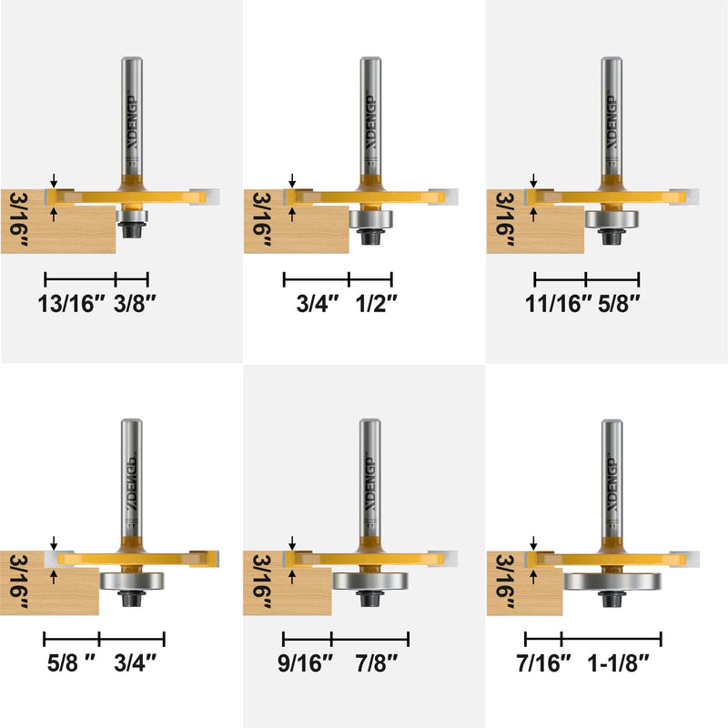 Rabbet Router Bit Set 1/4 Shank, Rabbeting Router Bits 1pcs with 6 Bearings for Interchangeable and Adjustable Multi Depths Cutter 1/8", 1/4", 5/16", 3/8", 7/16", 1/2" 1/4 Inch Shank 1-Piece Set 2" Dia - 3/16" CL