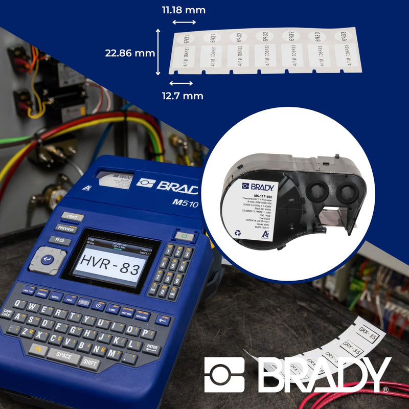 Brady Authentic (M5-117-492) FreezerBondz™ Ultra-Thin Cryogenic Polyester LBL 0.5 x 0.9 x 0.44Dia Black on White, 240 Labels. for use with the BMP51 and M511 Label Printers 22,86 mm (W) x 12,70 mm (H) x 11,18 mm (Dia)