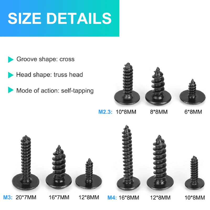 [Australia - AusPower] - 540pcs M2.3 M2.6 M3 Phillips Truss Head Tapping Screw Wafer Head with Washer, Self Tapping Screw Assortment Kit, Black Carbon Steel. 