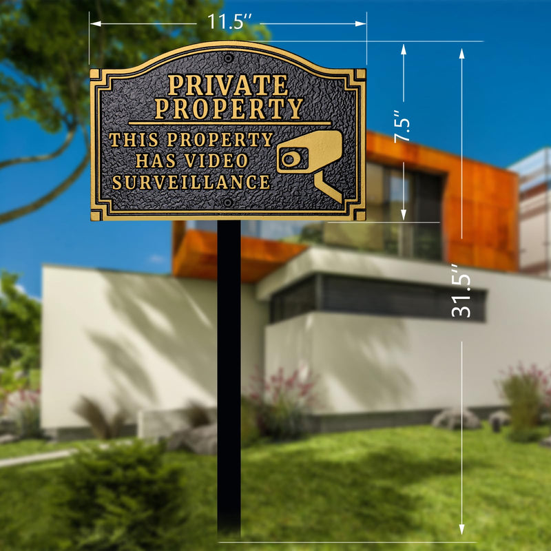 Private Property - This Property Has Video Surveillance Statement Plaque,Home Security Camera Sign with Stakes, Heavy-duty Material, Golden Embossed Letters, 11.5"×7.5” with 31.5" Post