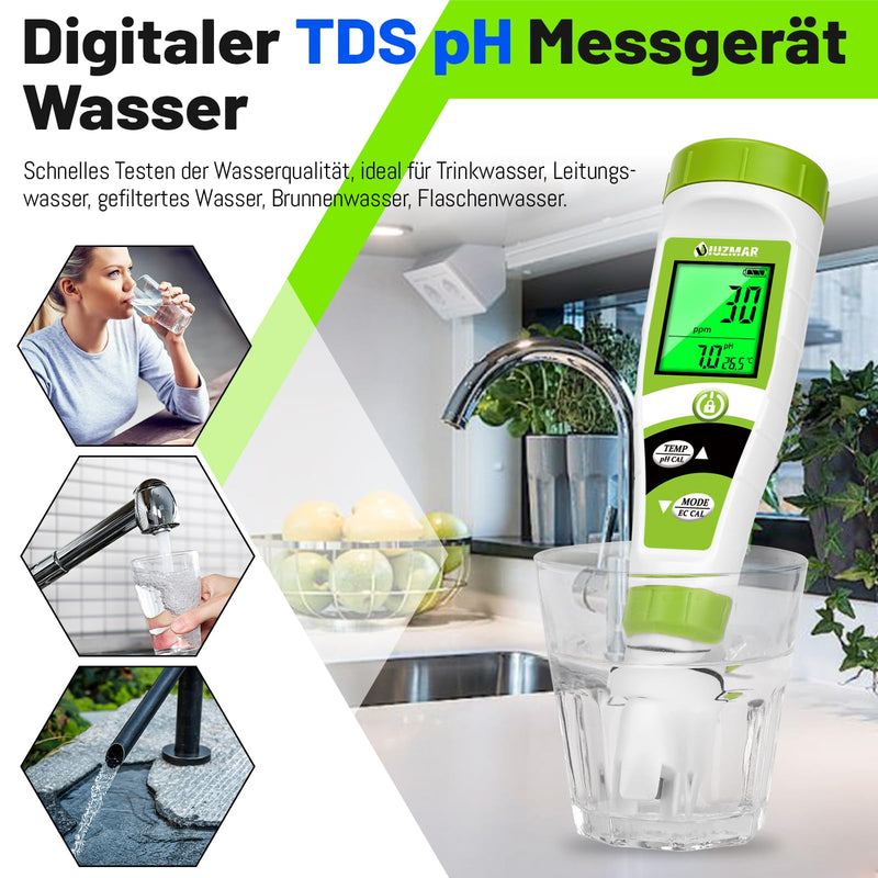 [Australia - AusPower] - UIUZMAR Pool pH Meter Water, pH EC Meter Grow, Digital pH EC PPM Temperature Tester with pH 7.0 Calibration Solution for Pool, Hot Tub, Hydroponics, Drinking Water, Aquarium, Beer Making pH EC meter with solution 