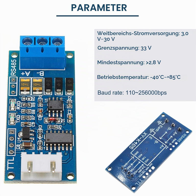 TTL to RS485 Adapter Module, Pack of 2 Level Converter Borad, Automatic Flow Direction Control 3.3V-5V 485 to TTL Signal Single Chip with RXD, TXD Display, 24AWG Cable