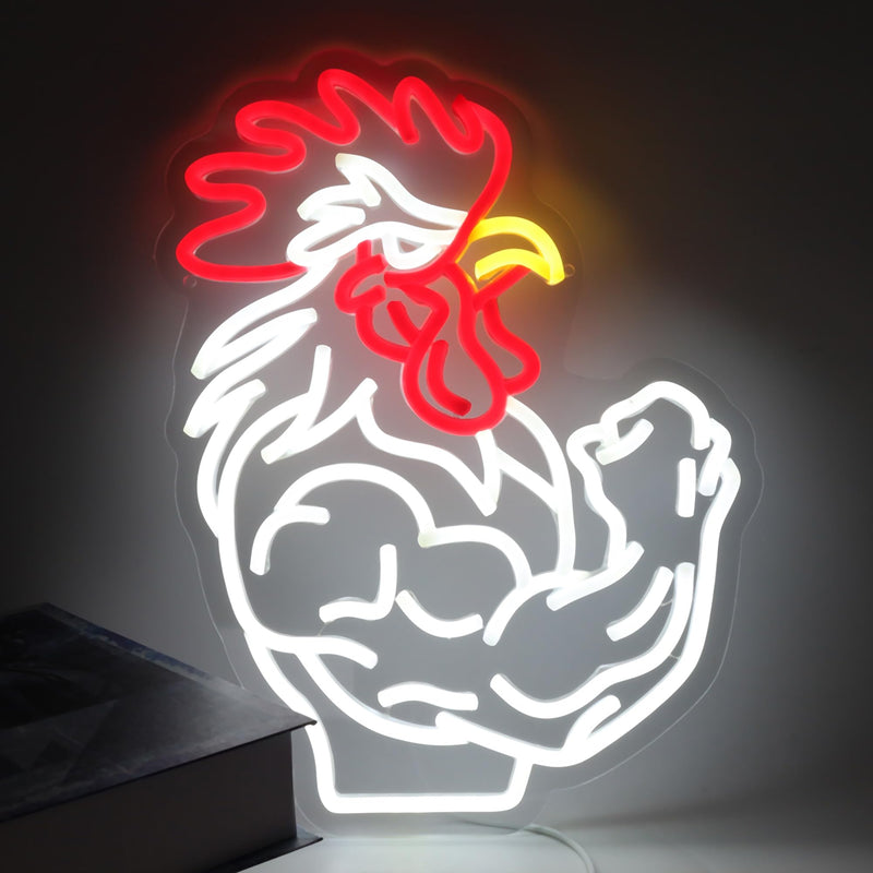 Muscular Rooster Gym Neon Sign for Home Gym Decor, Bodybuilding Funny Chicken Led Neon Light for Workout Trainer Room, Farmhouse,Bold Gifts for Game Rooms, and Man Caves Muscular Rooster-Red White