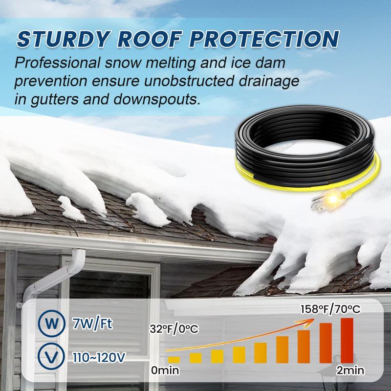 25 FT Heat Tape for Roof and Gutters, Gutter Heater Cable Heat Trace Cable for Snow De-Icing Ice Dam & Pipe Freeze Protection 7W/FT 120V 7 W/FT 25-Feet