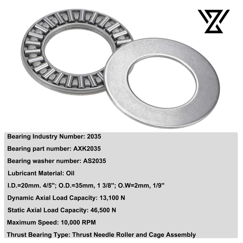 [Australia - AusPower] - 2 Sets AXK2035 Needle Roller Thrust Bearing with AS2035 Washers, 20 mm Bore Dia, 35 mm Outside Dia, 2 mm Overall Wd 