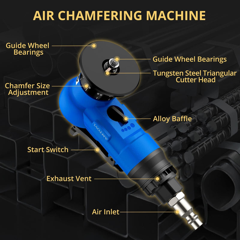 [Australia - AusPower] - AMTOVL Pneumatic Chamfering Tool - Mini Air Chamfer Tool with 10 C-Angle & 10 R-Angle Blades, 45° 30000 RPM Chamfering Tool for Metal and Wood with 1/4" Air Inlet Blue 