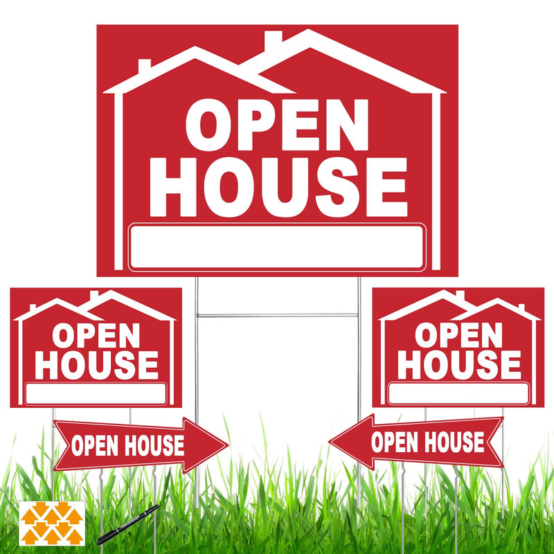 5 Pack Open House Signs for Real Estate 3 Pcs 17"X12" Large Double Sided Yard Signs with Metal Stakes, and 2 Pcs Directional Signs with Arrow, Suitable for Agents Property Sale 17 x 12 inches