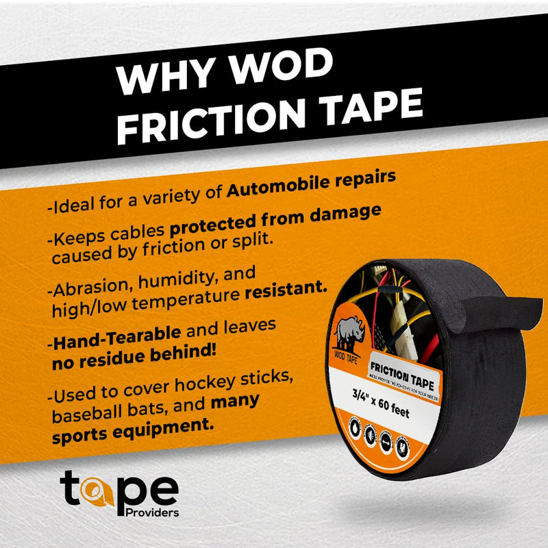 WOD FTC14 Black Friction Tape, 3/4 inch x 60 ft. – Wire Harness Electrical Tape, High Temperature Resistant Tape for Automotive Engine Cables Bundle & Sports Strong Grip. Roll