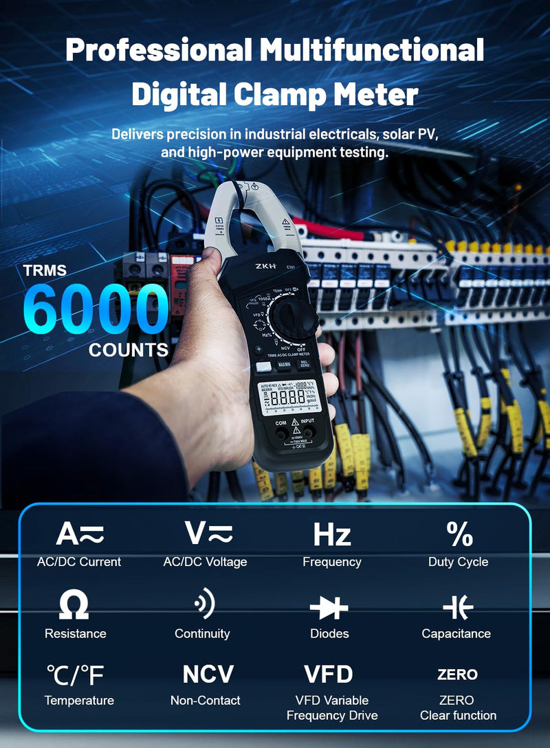 [Australia - AusPower] - Inrush Digital Clamp Meter Multimeter, 1000A Amp Clamp Meter Voltage Tester with VFD, TRMS 6000 Counts, Measures AC/DC Current Voltage, Temp, Resistance, Capacitance, Frequency, Continuity, NCV 