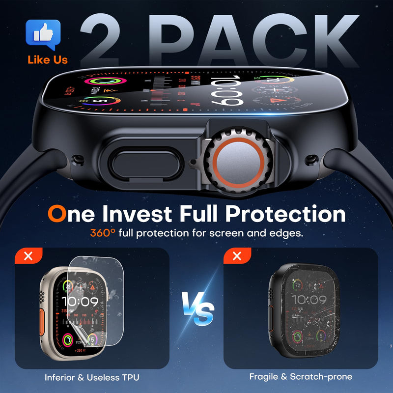 [Australia - AusPower] - TAURI 2 Pack Hard Case Designed for Apple Watch Ultra 2 (2023) / Ultra 1 49mm, with 9H [HD Clear] Tempered Glass Screen Protector, [Full Protection] Slim Cover for iWatch 49mm - Black 