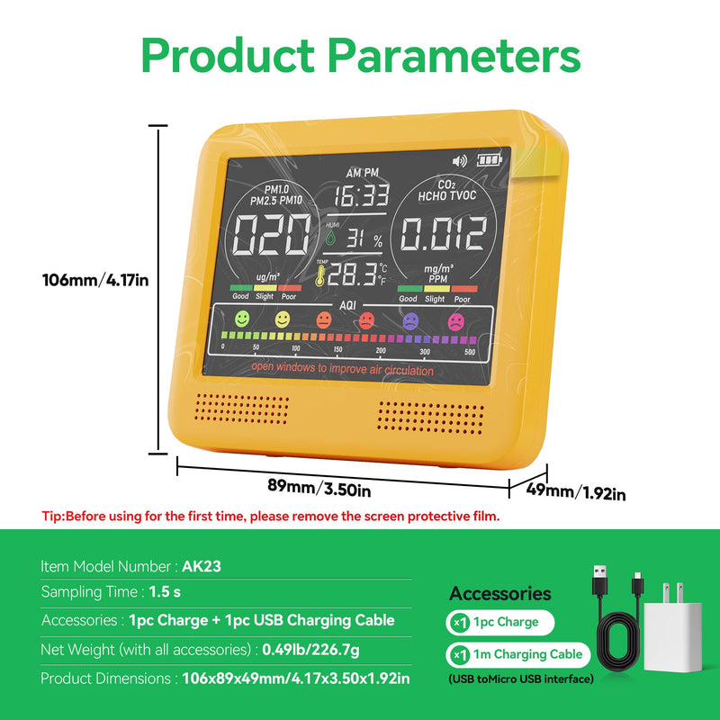 16-in-1 Indoor Air Quality Monitor with PM1.0,PM2.5,PM10,CO2,HCHO,TVOC,Temperature,Humidity,Time Display &7 AQI Alarms – Professional Air Quality Tester for Home, Office & Indoor Use (Bright Yellow) Bright Yellow