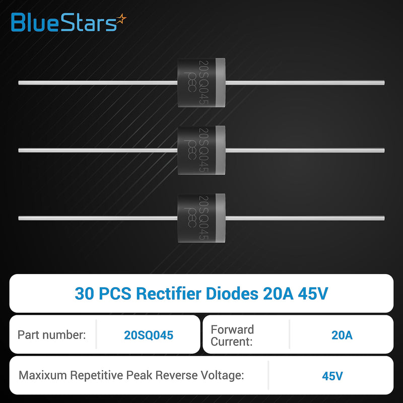 [Australia - AusPower] - BlueStars 20SQ045 Schottky Barrier Rectifier Bypass Blocking Diodes 20A 45V - 20SQ045 Schottky, R-6 Axial 20 amp 45 Volt, Electronic Silicon Doorbell Diodes for Solar Panel - Pack of 30 