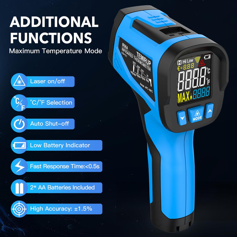 [Australia - AusPower] - Infrared Thermometer Temperature Gun - TEMIRUP Non-Contact Digital Laser Thermometer Temp Gun with Thermocouple Probe for Industrial, Cooking, Griddle, Engine, HVAC, Adjustable Emissivity,-40℉~1202℉ 