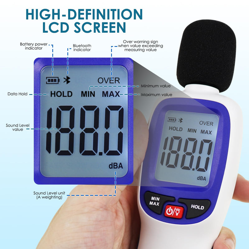 [Australia - AusPower] - Digital Sound Level Meter Sound Level Meter with Bluetooth Enabled Decibel Meter 30~130dBA Range MAX/MIN Data Hold with LCD Display and Backlight for Home, School Intelligent Bluetooth Function 