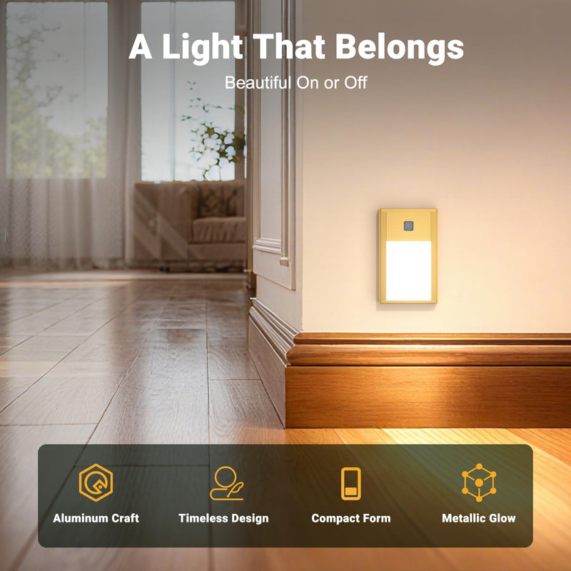 V4light Rechargeable Motion Sensor Night Lights, Ultra-Thin LED Stair Lighting for Safe Night Walking, Brushed Gold Aluminum Alloy, Magnetic Mount, 3000K Warm White Light, Ideal for Hallways & Stairs 4Pack