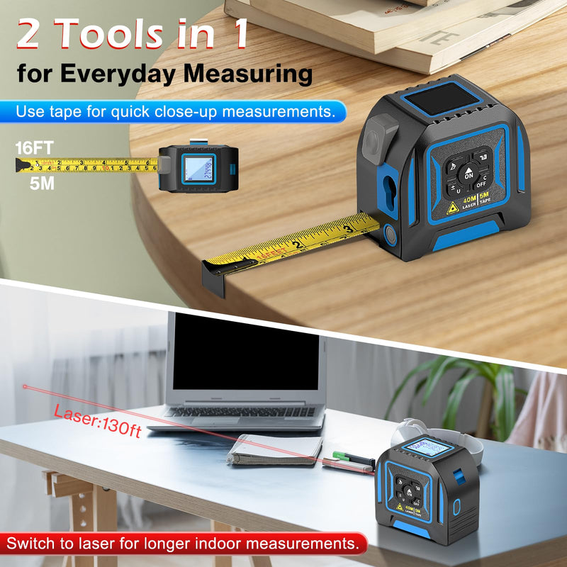 2-in-1 Laser Tape Measure, 130 Ft Laser Distance Meter and 16 Ft Self-Locking Measuring Tape, USB-C Rechargeable Digital Measuring Tape Laser Tape Measure 130ft/40m