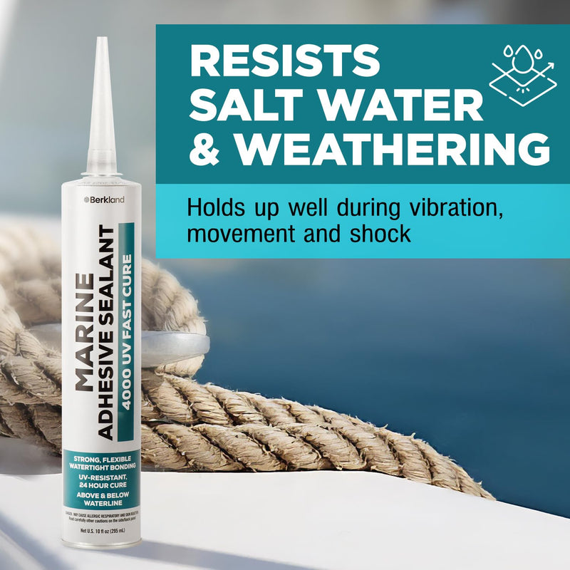 10oz Marine Adhesive Sealant 4000/4200 Fast Cure UV (White) - Semi-Permanent, Flexible Bonding and Sealing - UV Resistant, Above & Below Waterline - Compare to 06560 and 05260 FC M - by Berkland