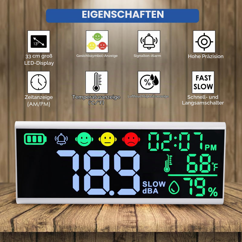 Decibel Meter 13 Inch Wall and Table Sound Level Meter Large LED Device for Displaying Decibels, Time, Temperature and Humidity with Buzzer & Symbol Alarm for Classroom and Studio