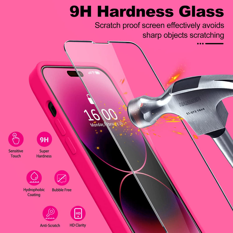 [Australia - AusPower] - BossKiss Compatible with iPhone 14 Pro Max Case 6.7 inch, Premium Liquid Silicone Case [Velvety Touch] [2 Pcs 9H Tempered Glass Screen Protector], Camera All-Round Protection Case, Hot Pink iPhone 14 Pro Max 6.7inch 