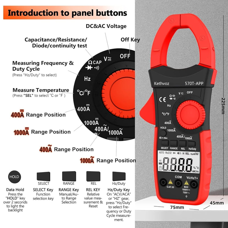 [Australia - AusPower] - 570T-APP Digital Clamp Meter, 4000 Counts Bluetooth Multimeter, 1000A AC/DC Amp Voltage Tester, Measures Ohms, Capacitance, Frequency, Temperature, Diode, Continuity Test with Data Logging 