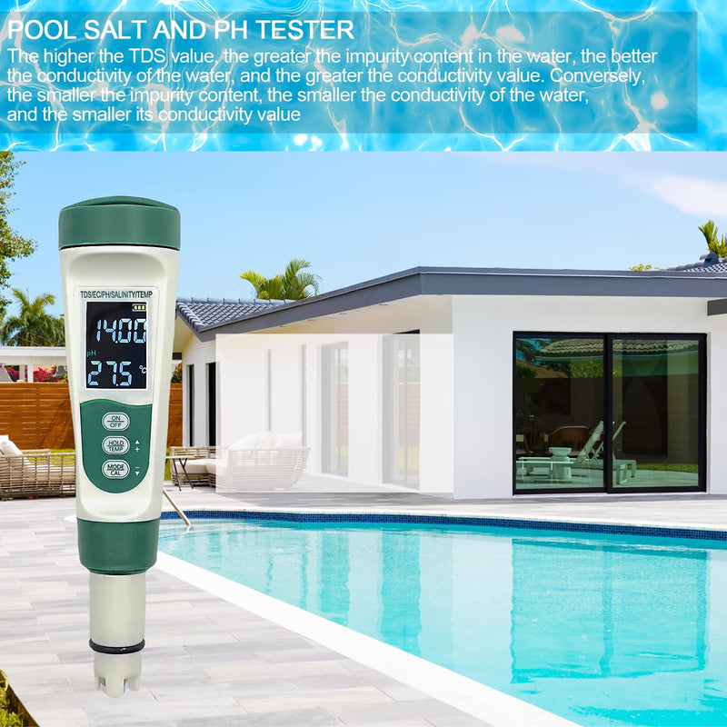 [Australia - AusPower] - Aquarium Salt Tester - Pool Test Strips, Digital PH Meter for Water, Aquarium Monitoring Tool, Pond Checker, Fish Tank Water Analyzer, 5-in-1 Salinity, PH, TDS, EC, and Temperature Meter 