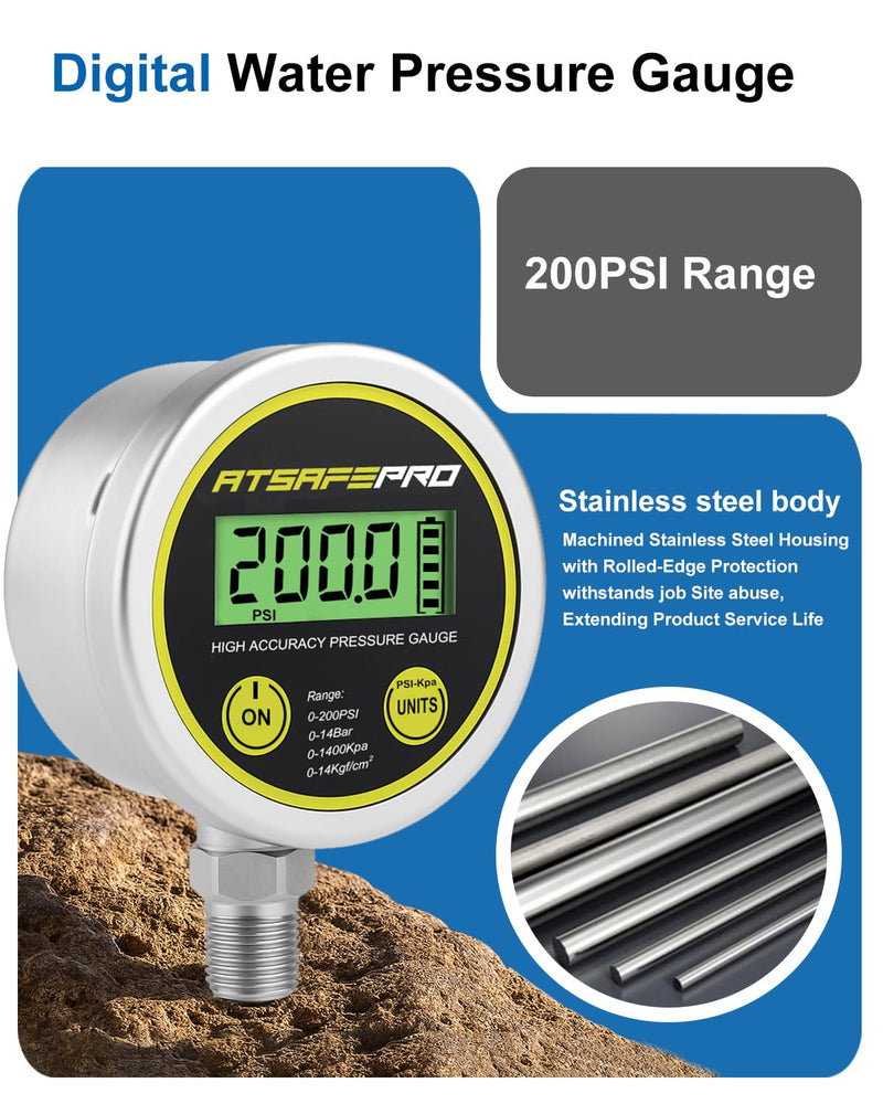 [Australia - AusPower] - Digital Pressure Gauge-200psi,Stainless Steel Digital Water Pressure Gauge-2.9-Inch LCD Display,1/4-Inch NPT Bottom Thread,Suitable for Measuring Hydraulic, Oil, Water,and Air Pressure 200 PSI 
