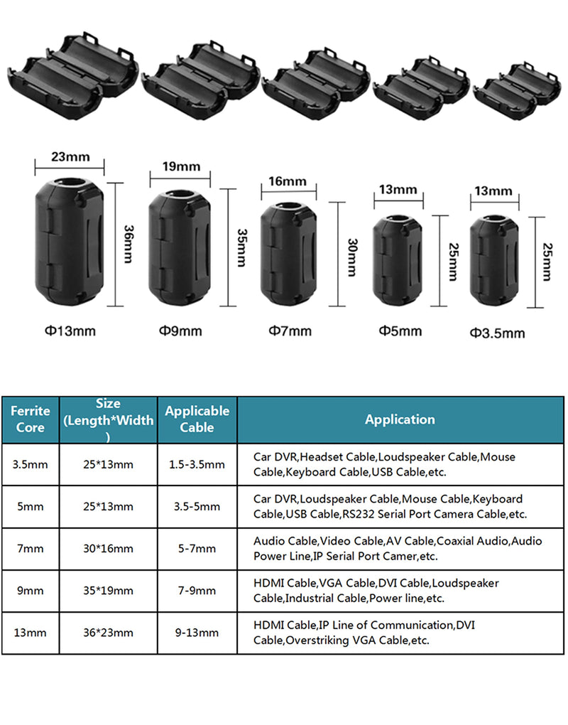 [Australia - AusPower] - Ferrite Ring Core Ferrite Beads Clip RFI EMI Noise Suppressor Anti-Interference Cable Clip for 3.5mm/ 5mm/ 7mm/ 9mm/ 13mm Diameter Cable, Black (20) 20 