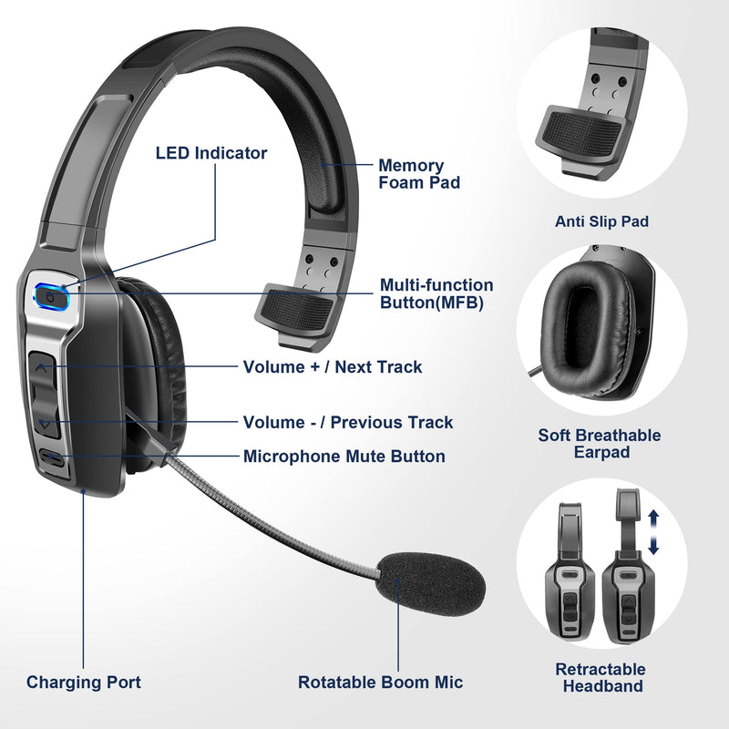 [Australia - AusPower] - Trucker Bluetooth Headset, V5.2 Wireless Headset with Upgraded Microphone AI Noise Canceling, On Ear Bluetooth Headphone with Mute for Driver Office Call Center (Black) Black 