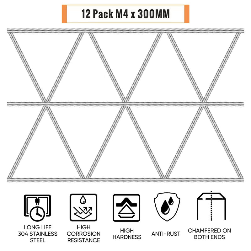 [Australia - AusPower] - 24pcs 8/32 Inch 4mm Threaded Rods with Hex Nuts M4 12 Inch 304 Stainless Steel Fully Rod Threaded, 12 Pcs Right Hand Threads &12 Pcs Hex Nuts for Beaded Garden Stake Rods (300MM) 12inch(24pcs) 