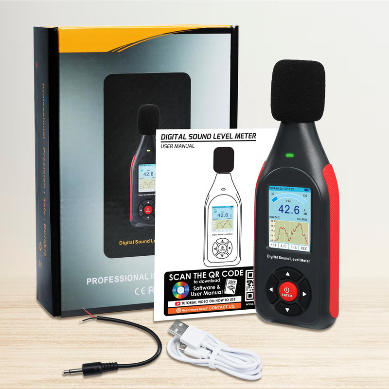 [Australia - AusPower] - Decibel Meter, Digital Sound Level Meter with Data Logging, 3-Color Alarm, A/C Weighted, HD Screen, 30-130dB Range, Rechargeable SPL Meter for Home, Classroom, Office, Factory 