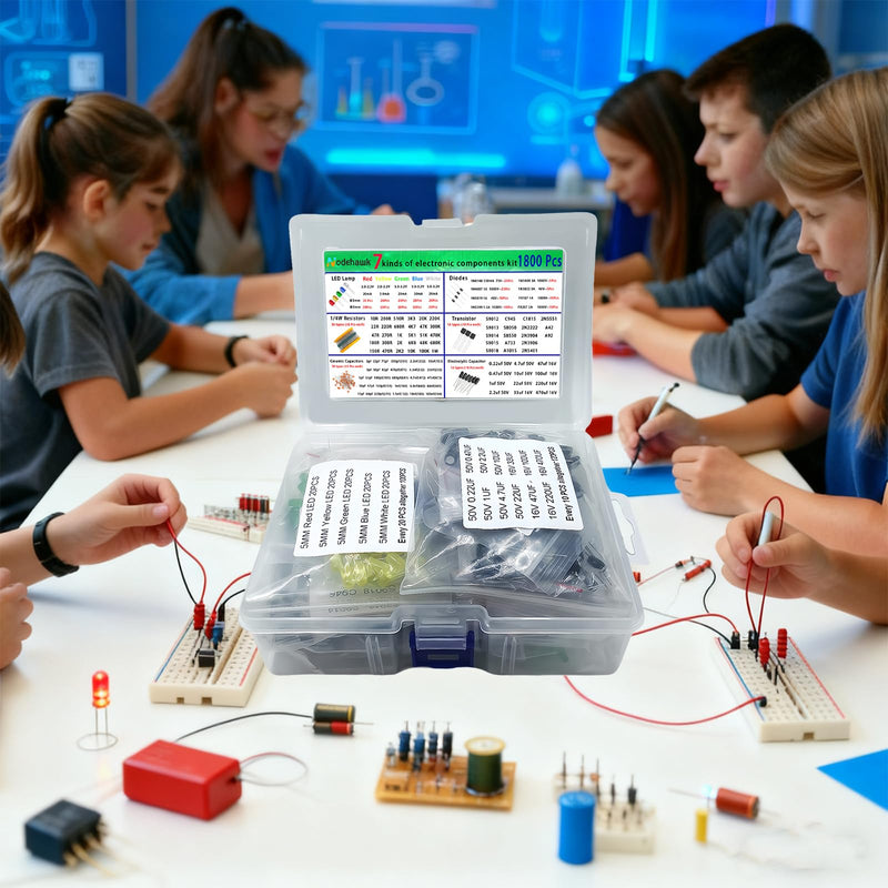 Electronic Component Kit -Total 1800 Pcs, LED Diodes, Resistors, Capacitors, Ceramic Capacitors, Transistors, Diodes - for DIY Projects, Electronics Hobbyists