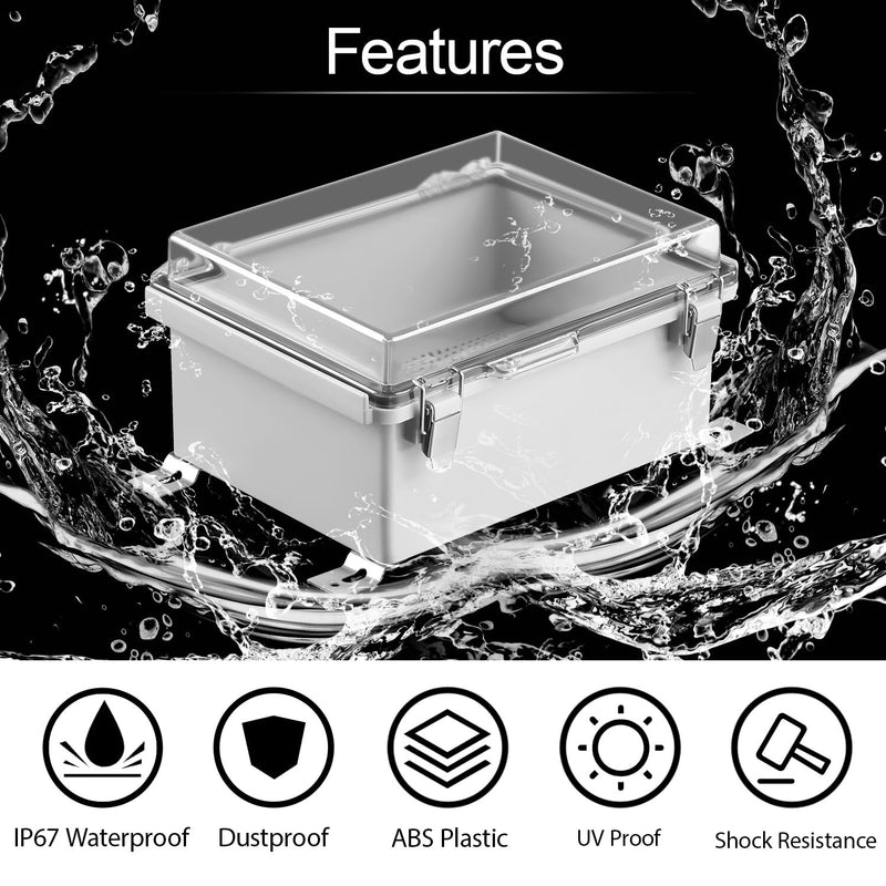 LeMotech Electrical Box, IP67 Waterproof Hinged Clear Cover Stainless Steel Latch Junction Box, ABS Plastic Electrical Enclosure with Mounting Plate,Wall Brackets, Cable Glands,8.7"x6.7"x4.3",Grey 8.7"x6.7"x4.3"
