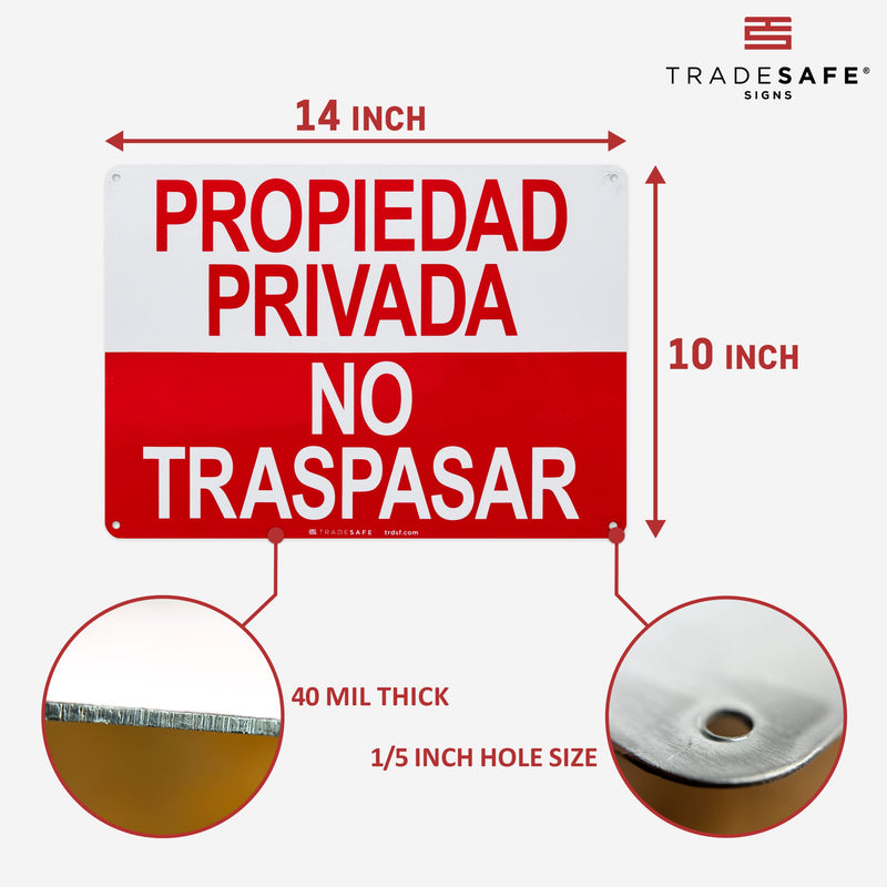 TRADESAFE Private Property No Trespassing Sign - Propiedad Privada No Traspasar Spanish Sign, Quick Install, Light Reflective, UV-Resistant, Waterproof, 14” X 10” Aluminum Safety Signs Propiedad Privada, No Traspasar
