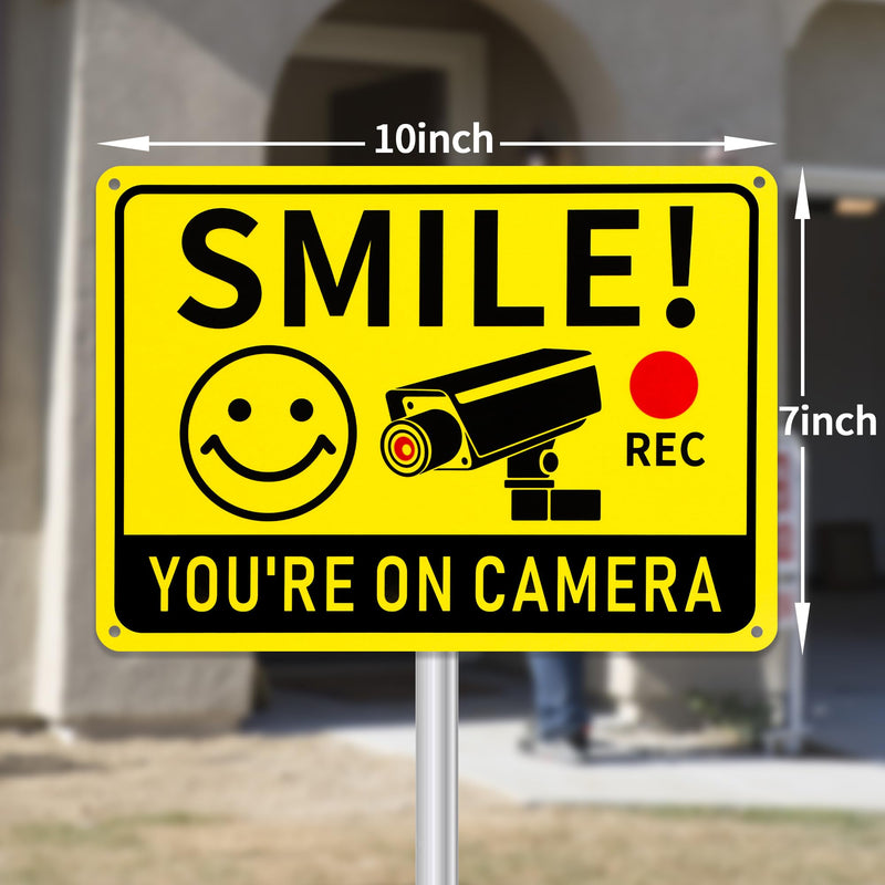 2 Pack Smile You're on Camera Signs – Video Surveillance Signs Outdoor, 10"x7" Rust-Free Aluminum Warning Sign, UV Printed Weatherproof Security Camera Sign for Home, Business, Fence, Driveway, CCTV 2-Pack