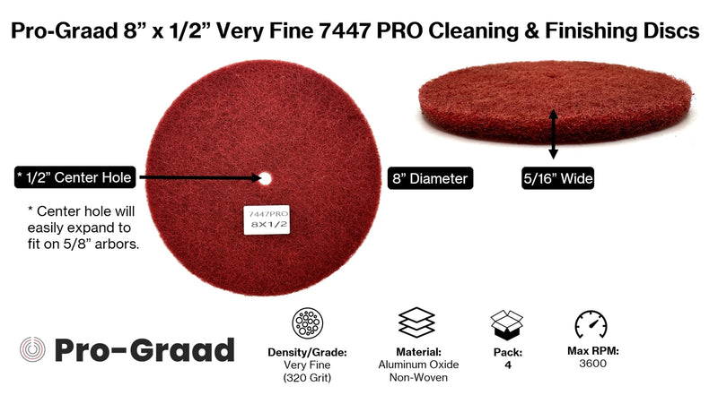 4 Pack 8” x 1/2” Very Fine 7447 PRO Non-Woven Buffing, Blending, Cleaning, Light Deburring & Finishing Discs, Pack of 4