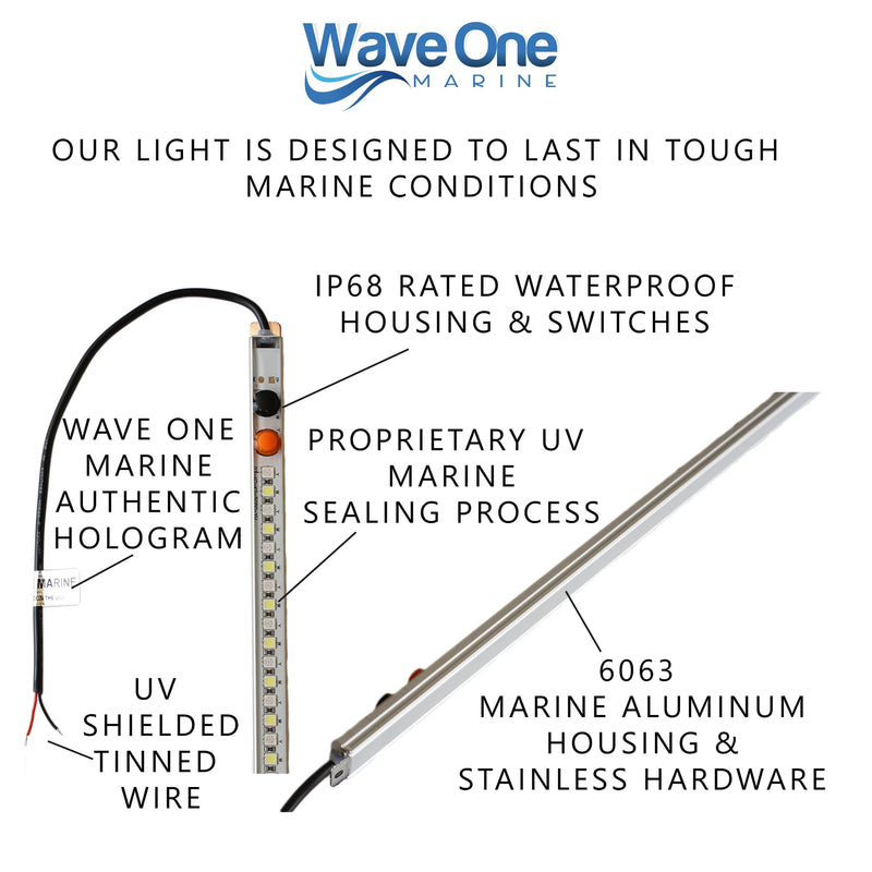 Wave One Marine Dual Color T-Top LED Light With Switch | Boat Courtesy Cockpit Helm Light | Waterproof Bar Housing | Stainless Hardware | IP68 (15.5" White & Blue) 15.5" White & Blue