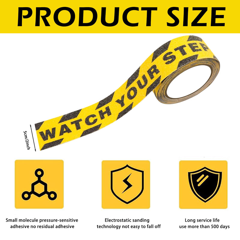 1 Pieces Watch Your Step Caution Tape 1.97in x 16.4Ft Warning Sticker Adhesive Tapes Yellow Caution Tape Anti-Slip High Traction Safety Grip Tapes for Stairs Steps Ladder, Indoor Outdoor Treads ﻿