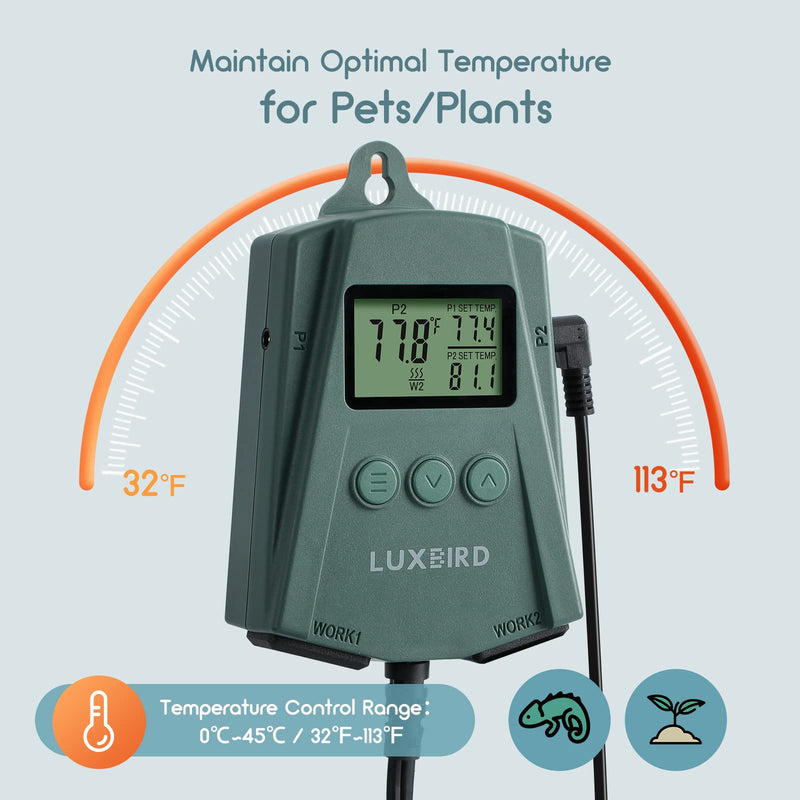 [Australia - AusPower] - LUXBIRD LB-2SC Digital Heating Mat Thermostat Controller with 2 Probes and 2 Outlets for Seedlings, Germination, Reptiles, Brewing, Breeding, Incubation, Greenhouse (Max 250W per Outlet) 