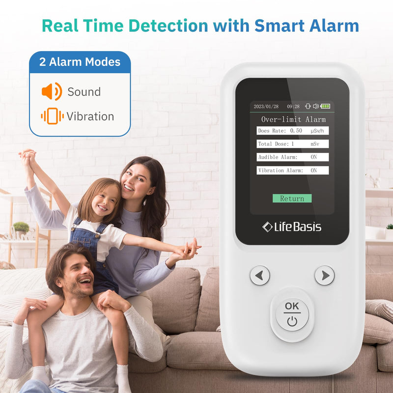 LifeBasis Geiger Counter Nuclear Radiation Detector, Radiation Dosimeter with TFT Display and Smart Alert Rechargeable Beta Gamma X-ray Radiation Monitor (with Lanyard and Bracket) - White