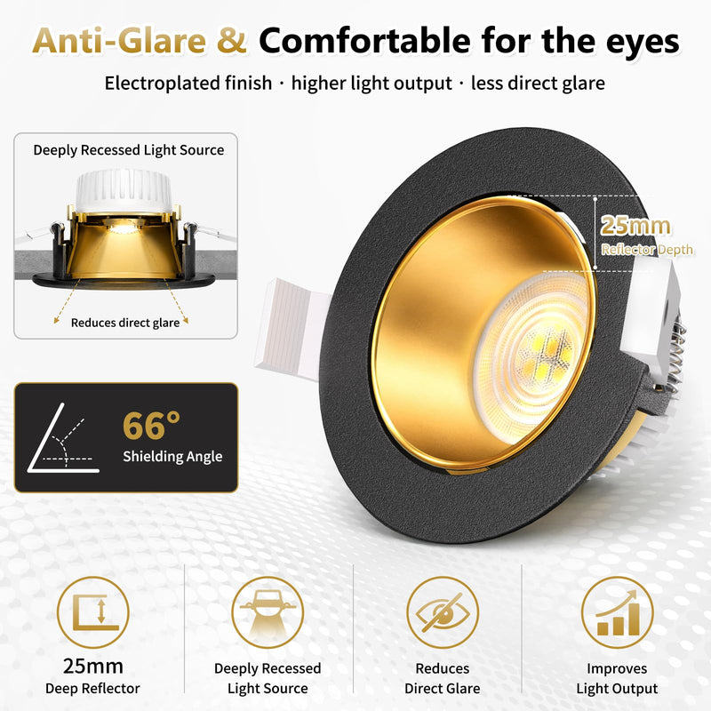 YindaLux 6x LED Recessed Spotlights 230 V Dimmable 5 W Black Gold Hole 75-80 mm | 550LM, 3CCT 3000K/4000K/6500K, 38°/120° beam angle, 45° swivel, IP44, removable LED module, deep reflector shell 6 pieces-38°/120° beam angle