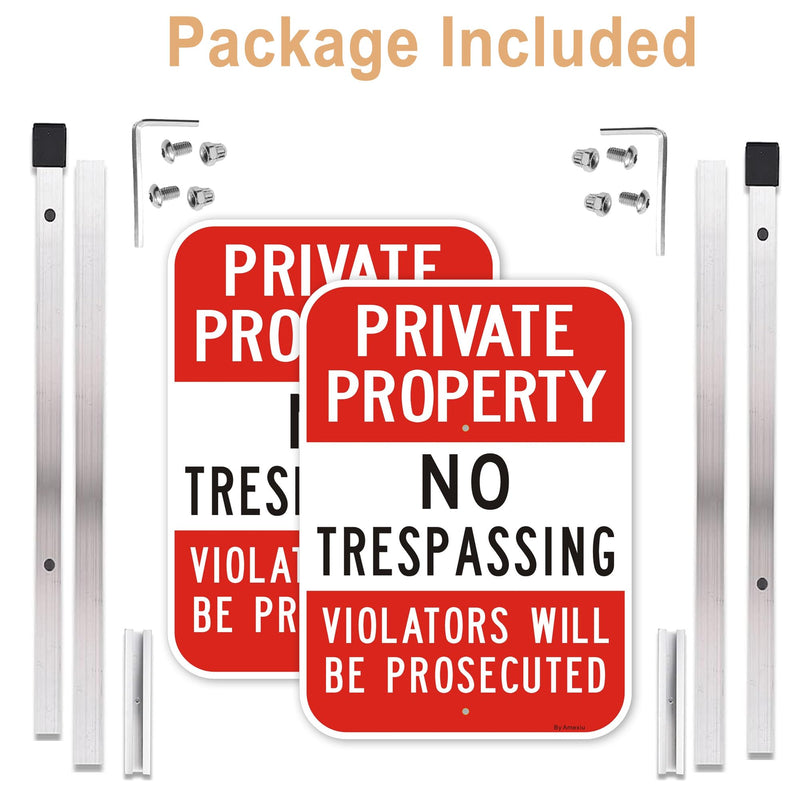 Large (2 Pack) No Trespassing Sign Private Property, 10 x 14 Inches Metal Signs Includes 36" Alloy Long Stake for Easy Installation, Rust-Free& Fade Resistant 10" x 14" with stake