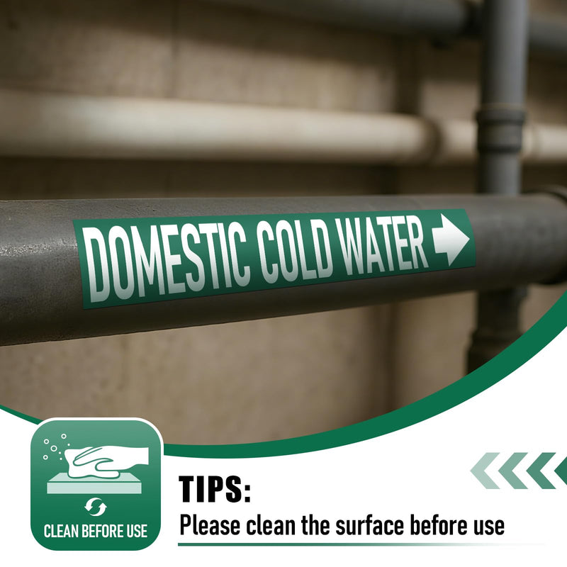 Domestic Cold Water Pipe Markers 1" Height x 8" Width Safety White on Green Pipe Self Labels with Arrow Plastic Film Markers Stickers for Industrial Safety Marking Supplies