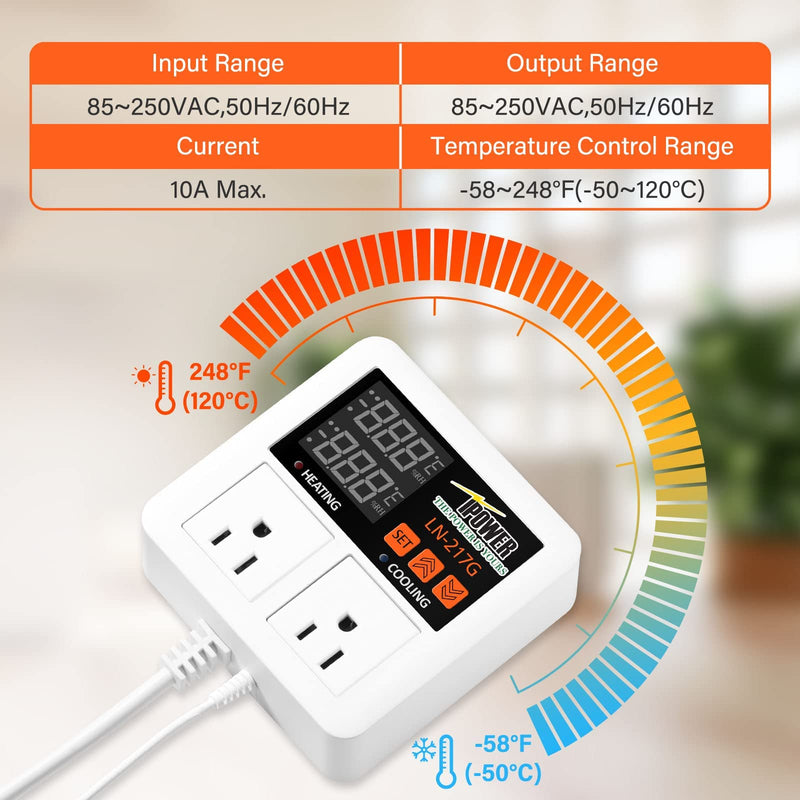 [Australia - AusPower] - iPower Digital Temperature Controller, 1200W 10A Dual Outlet Thermostat Plug, 2-Stage Heating/Cooling Mode, for Seed Germination, Reptiles, Brewing Breeding, Fermenter Greenhouse 